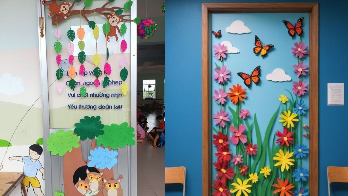 Trang trí cửa lớp mầm non đẹp với hình cắt dán cây xanh và hoa
