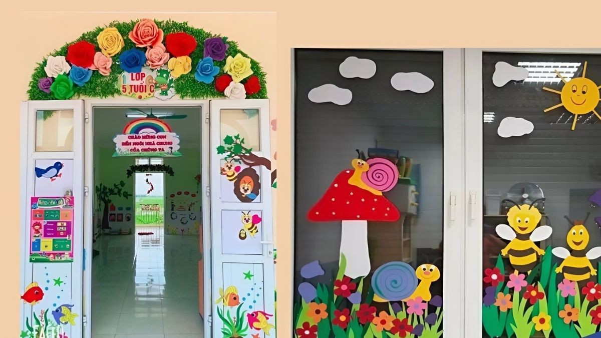 Trang trí cửa lớp mầm non đẹp với chim chóc và cây xanh