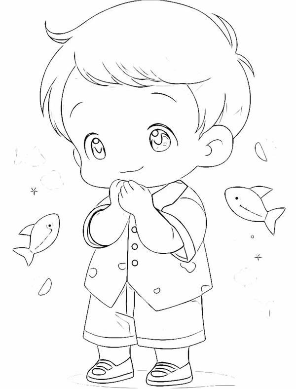 Tranh tô màu anime boy dễ thương đang cười