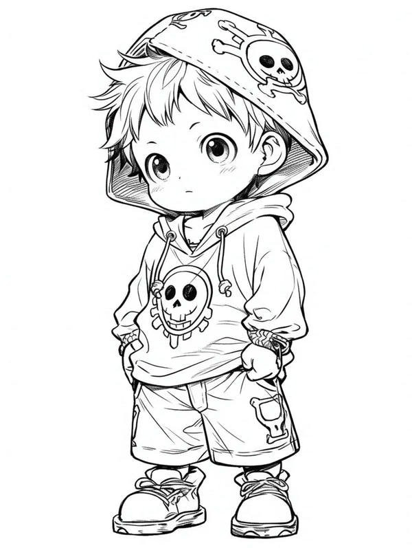 Bức tranh tô màu anime boy dễ thương cầm đồ chơi
