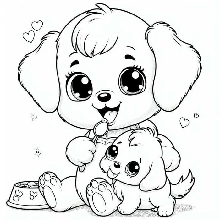 Tranh tô màu chó con ngồi với đôi mắt to tròn