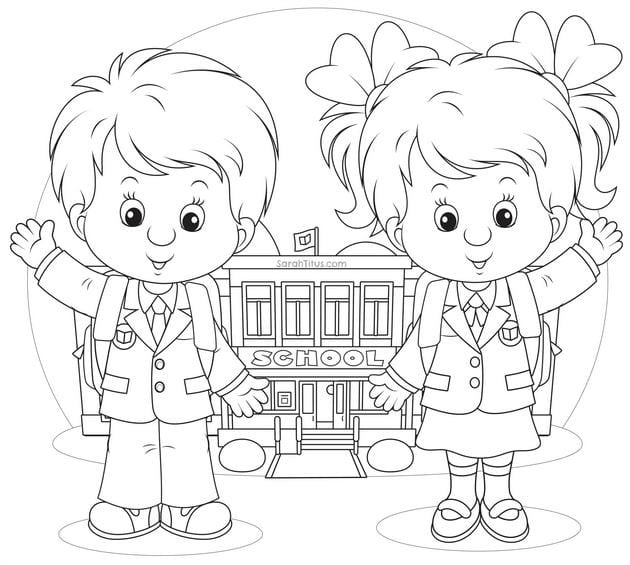 Tranh tô màu các bạn nhỏ vui vẻ cùng nhau đến trường mầm non