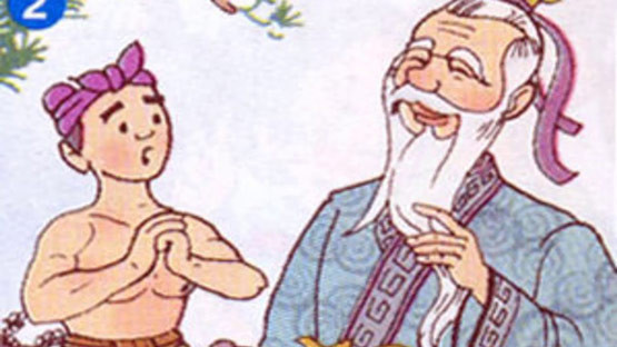 Ông Bụt trao chiếc rìu bạc cho chàng tiều phu nghèo bên bờ sông, thử thách lòng trung thực