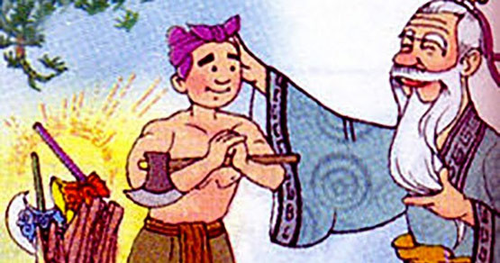 Chàng tiều phu trung thực nhận lại cả ba lưỡi rìu vàng, bạc, sắt từ ông Bụt đầy phúc hậu