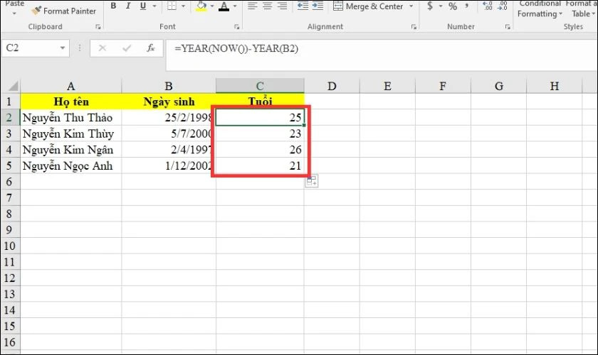 Kết quả tính tuổi chính xác theo năm sau khi định dạng lại ô trong Excel