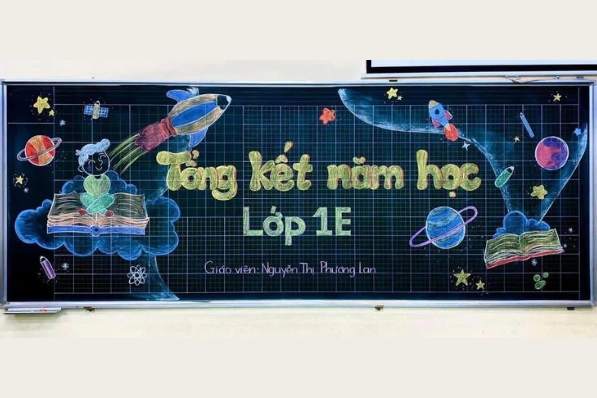 Trang trí bảng lớp học bằng phấn trong lễ tổng kết với hình ảnh kỷ niệm và lời chúc mừng.