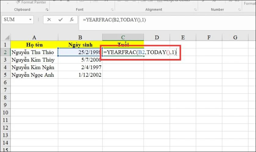 Công thức tính tuổi trong Excel với hàm YEARFRAC và TODAY()