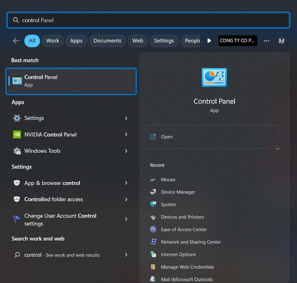 Ảnh chụp màn hình tìm kiếm và mở Control Panel trên Windows để xem mật khẩu WiFi.