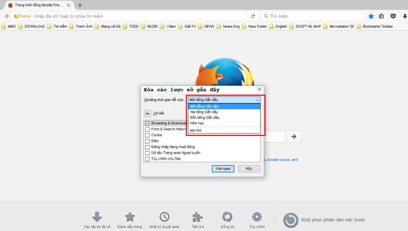 Chọn thời gian xóa lịch sử trên Firefox
