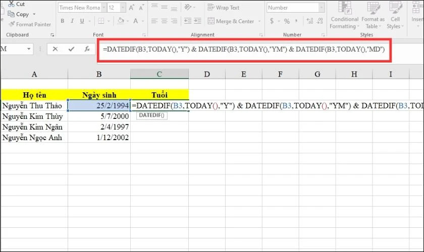 Kết hợp các đơn vị DATEDIF (Y, YM, MD) để tính tuổi đầy đủ