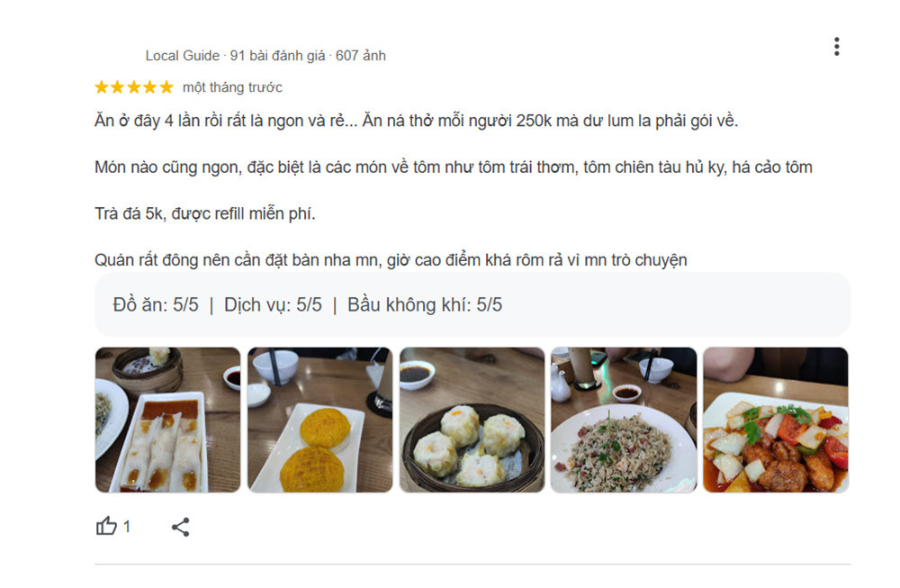 Hình ảnh đánh giá 5 sao về chất lượng món ăn và dịch vụ của Cửu Long Quán