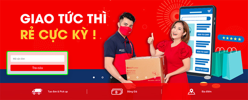 Giao diện website BEST Express để tra cứu vận đơn, nhập mã và tìm kiếm thông tin đơn hàng