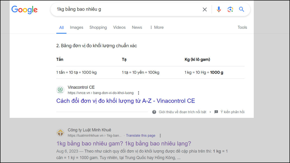 Sử dụng thanh tìm kiếm Google để quy đổi nhanh 1kg sang gam