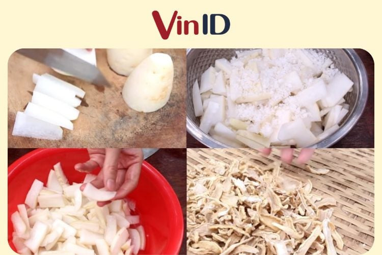 Củ cải được thái lát và phơi nắng để săn lại trước khi ngâm nước tương