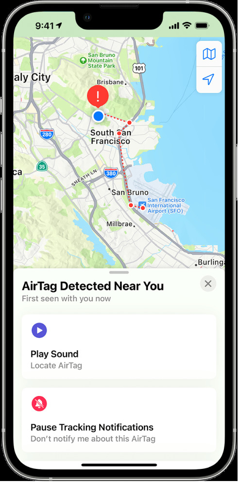 Màn hình iPhone hiển thị vị trí AirTag không mong muốn được phát hiện gần người dùng trong ứng dụng Bản đồ.