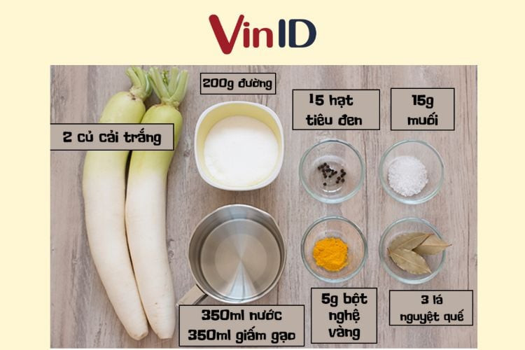 Nguyên liệu đầy đủ cho món củ cải muối Hàn Quốc giòn ngọt
