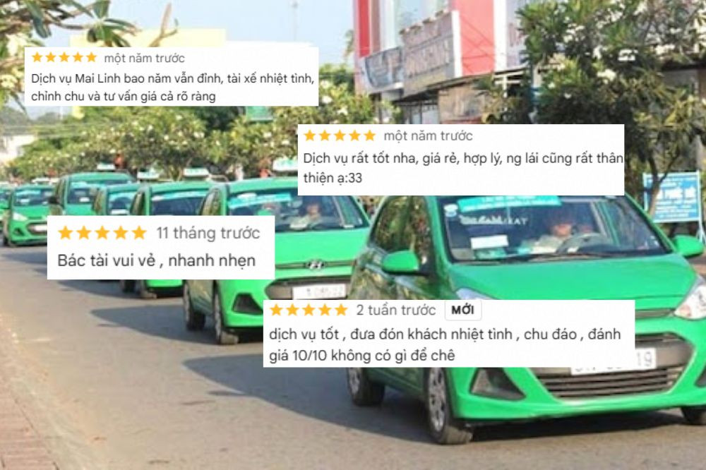 Hình ảnh tổng hợp các đánh giá tích cực của khách hàng trên Google Maps về dịch vụ của Taxi Mai Linh