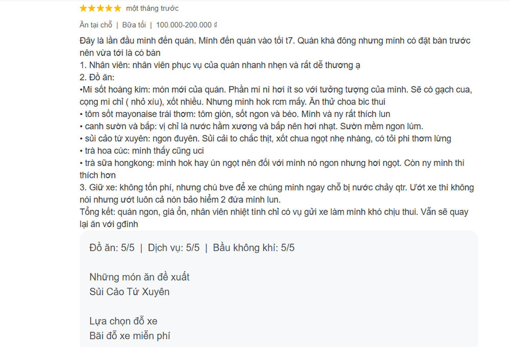 Phản hồi chi tiết của khách hàng về Cửu Long Quán Quận 5 trên Google Maps