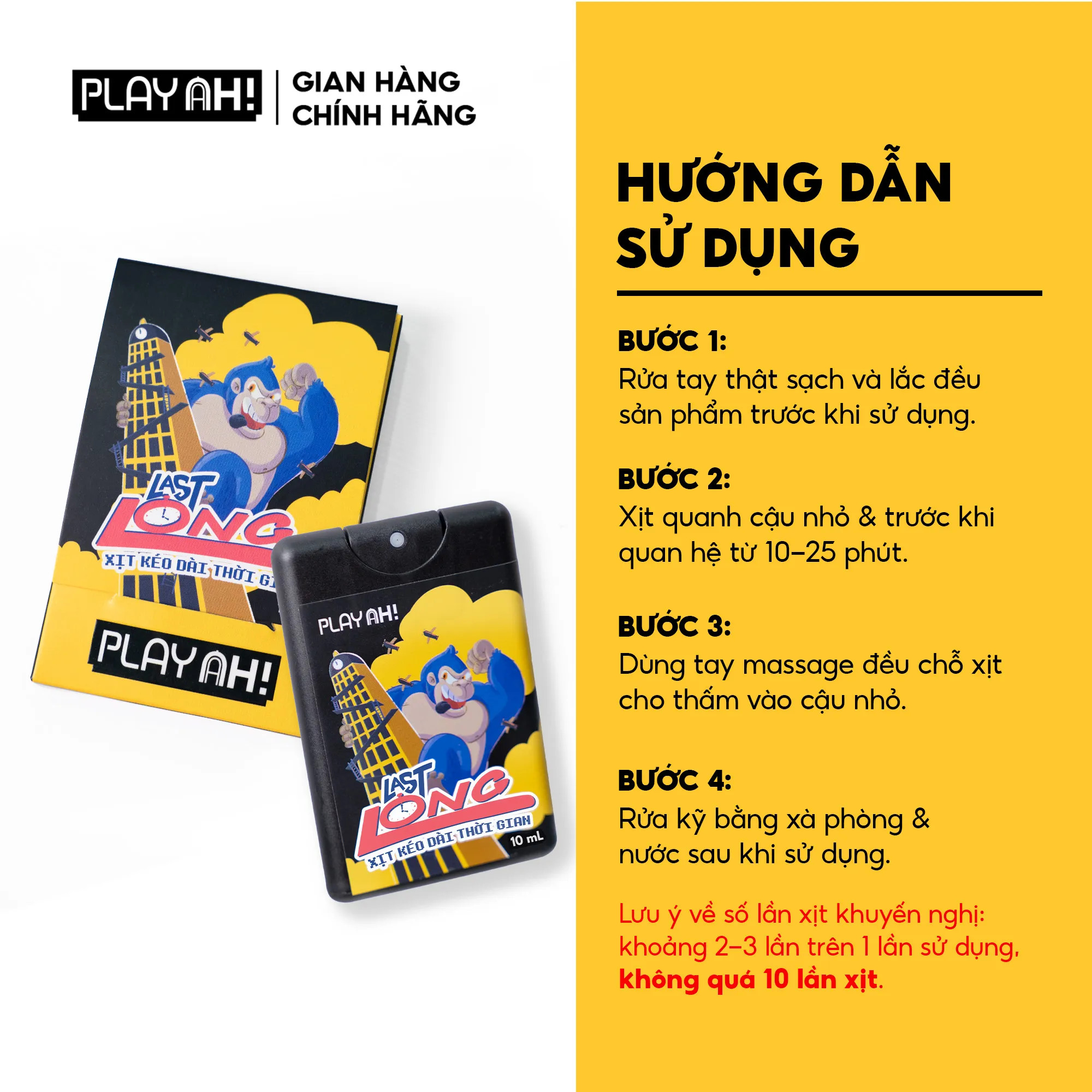 Mặt trước và mặt sau của hộp sản phẩm xịt kéo dài thời gian PlayAh! Last Long