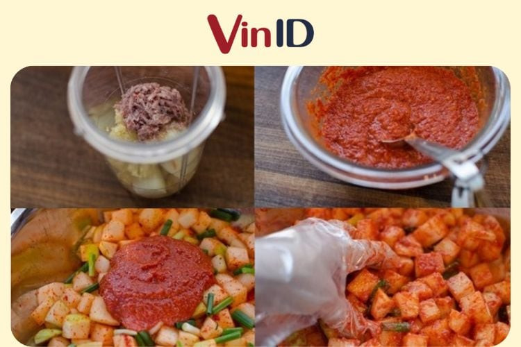 Trộn đều củ cải với hỗn hợp gia vị ớt bột, tỏi, gừng để ủ men