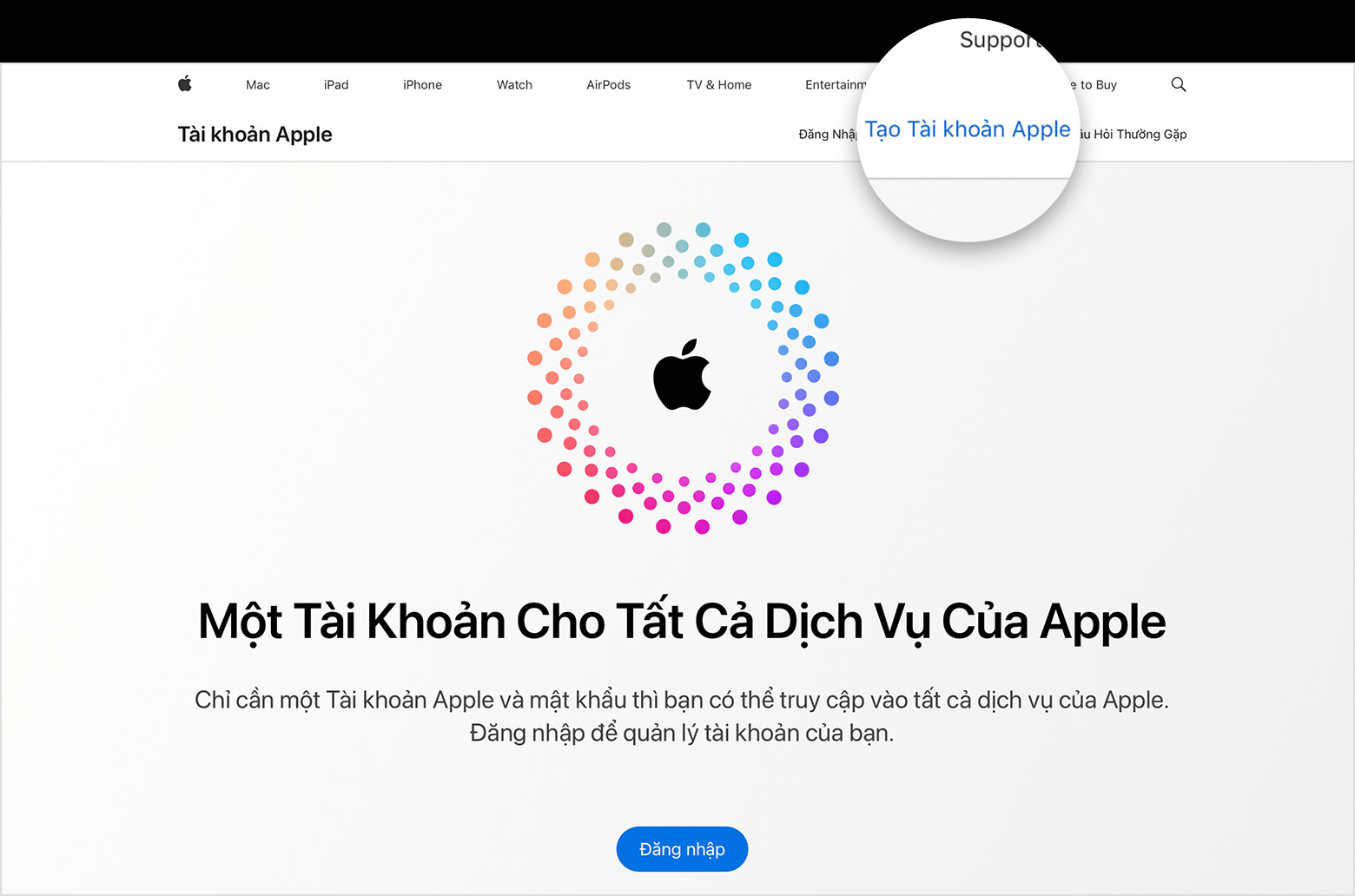 Giao diện trang web account.apple.com với tùy chọn 'Tạo Tài khoản Apple' nổi bật, hướng dẫn tạo ID Apple trên web