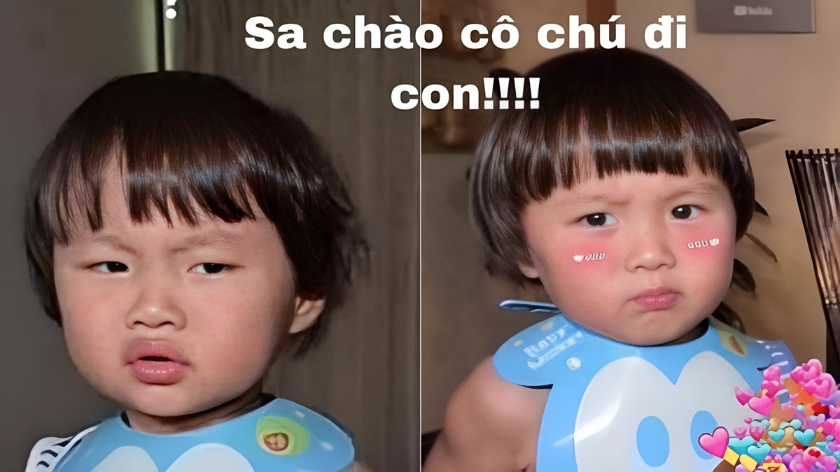 Meme em bé với chiếc mũ len sặc sỡ, nhìn xa xăm