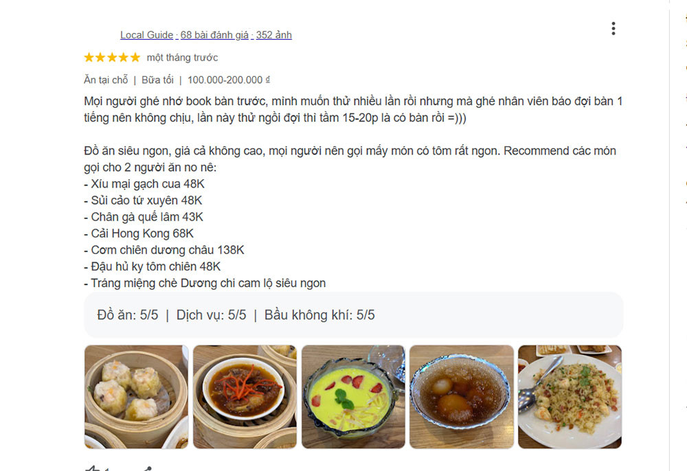 Đánh giá 5 sao của khách hàng về trải nghiệm ẩm thực tại Cửu Long Quán Quận 5