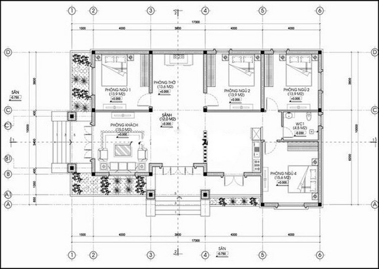 Bản vẽ thiết kế nhà cấp 4 mái Nhật 3 phòng ngủ 1 phòng thờ đơn giản, tối ưu