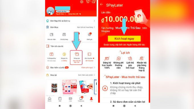 Người dùng truy cập mục Tôi và chọn SpayLater để kích hoạt