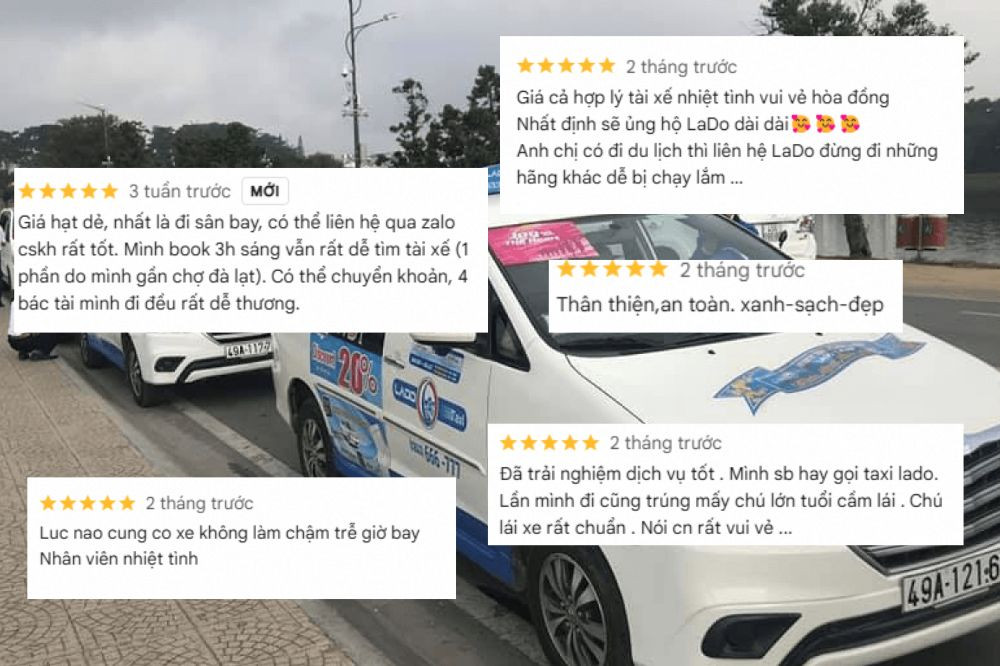 Hình ảnh tổng hợp các đánh giá tích cực từ khách hàng trên Google Maps về dịch vụ của hãng taxi Lado