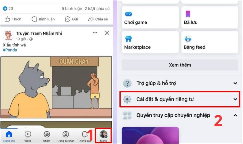 Truy cập vào Facebook, chọn Cài đặt &amp; quyền riêng tư trên iPhone