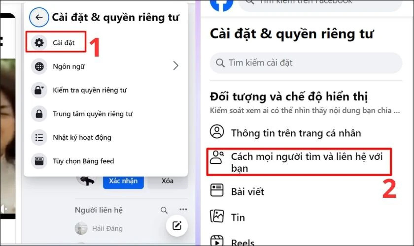 Chọn Cài đặt và mục liên hệ trên Facebook máy tính