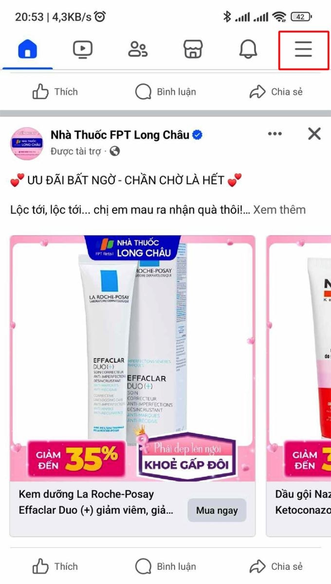Menu ba gạch ngang trên ứng dụng Facebook để truy cập cài đặt