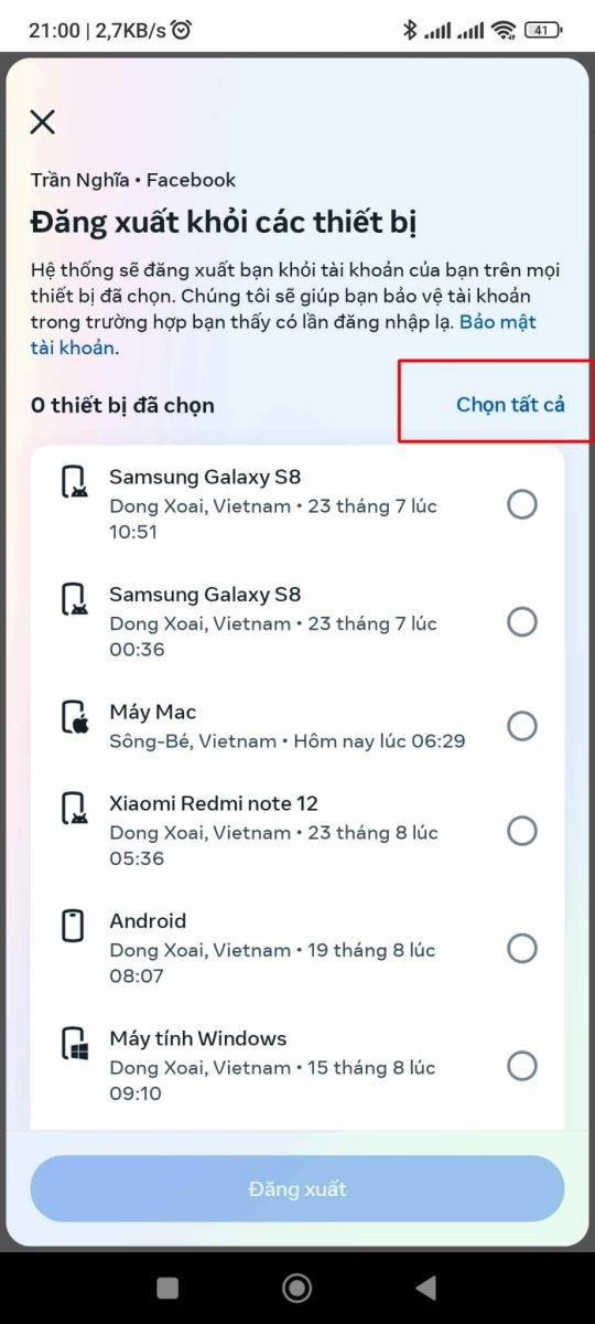 Chọn thiết bị cụ thể hoặc Chọn tất cả để đăng xuất khỏi các phiên không mong muốn