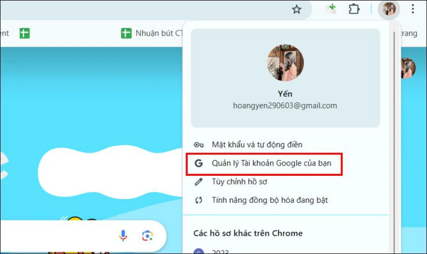 Chọn Quản lý Tài khoản Google của bạn để truy cập trang cài đặt bảo mật