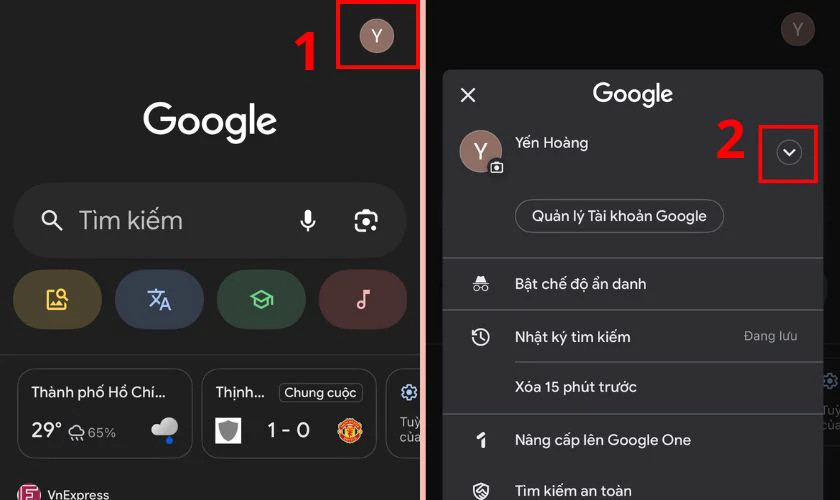 Truy cập ứng dụng Google và nhấn vào ảnh đại diện tài khoản ở góc trên cùng bên phải