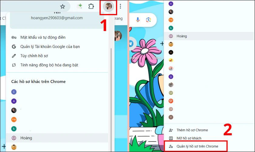 Mở trình duyệt trên Windows, chọn ảnh đại diện và Quản lý hồ sơ trên Chrome