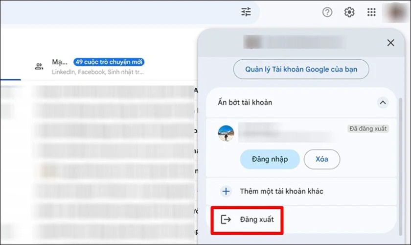 Chọn Đăng xuất (Sign out) trong menu tài khoản Google trên MacBook