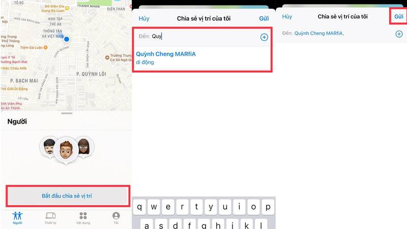 Giao diện chia sẻ vị trí với bạn bè trong ứng dụng &quot;Tìm&quot;