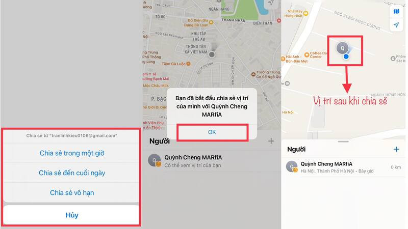 Chia sẻ vị trí đã được kích hoạt thành công giữa hai thiết bị iPhone