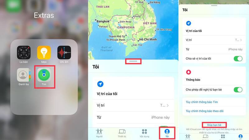 Chọn tính năng &quot;Giúp bạn bè&quot; trong ứng dụng &quot;Tìm&quot; để hỗ trợ định vị iPhone