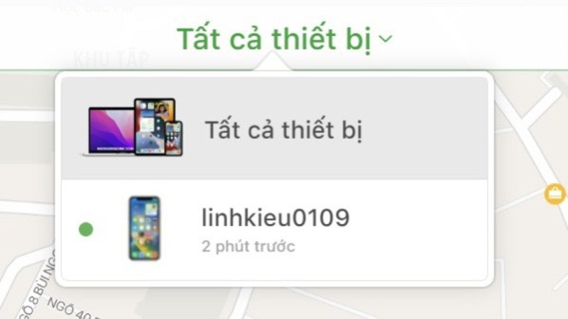 Chọn &quot;Tất cả thiết bị&quot; để hiển thị danh sách các thiết bị được liên kết với tài khoản iCloud