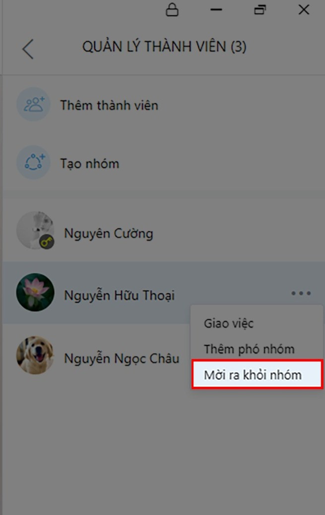 Chọn mời thành viên ra khỏi nhóm Zalo trên PC