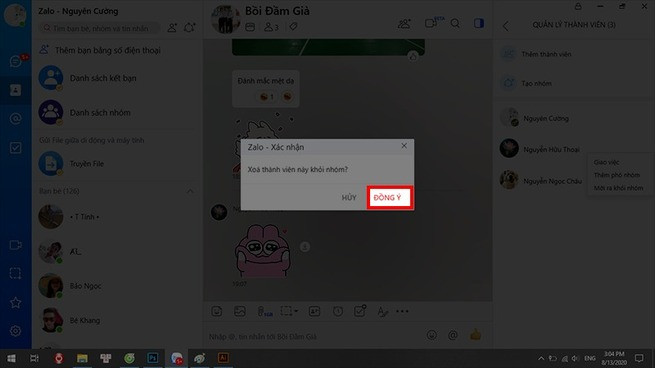 Xác nhận xóa thành viên khỏi nhóm Zalo trên máy tính