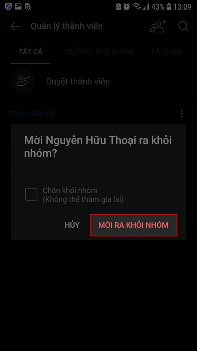 Xác nhận xóa thành viên khỏi nhóm Zalo trên điện thoại