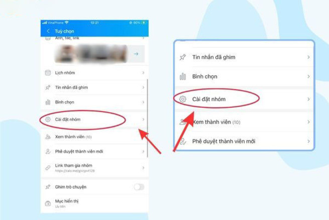 Màn hình cài đặt nhóm Zalo trên điện thoại