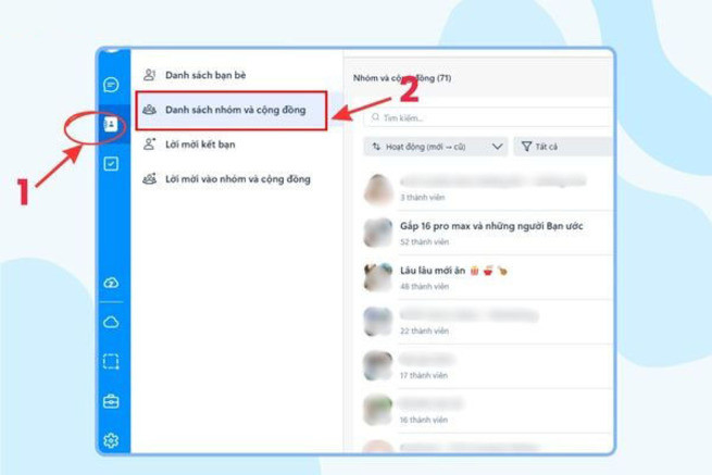 Chọn danh sách nhóm Zalo trên giao diện máy tính
