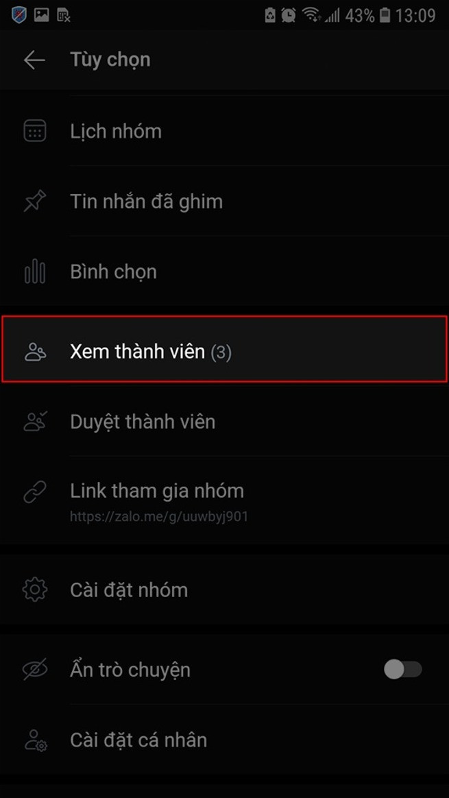 Chọn mục xem thành viên trong nhóm Zalo