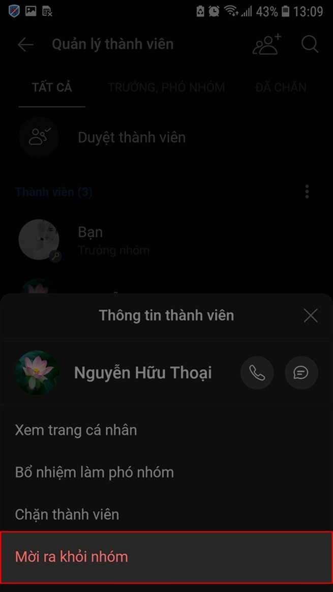Tùy chọn mời thành viên ra khỏi nhóm Zalo trên điện thoại