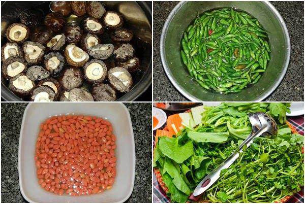 Các loại rau củ, nấm hương và kỷ tử đã được sơ chế sạch sẽ để nấu lẩu gà tiềm ớt hiểm
